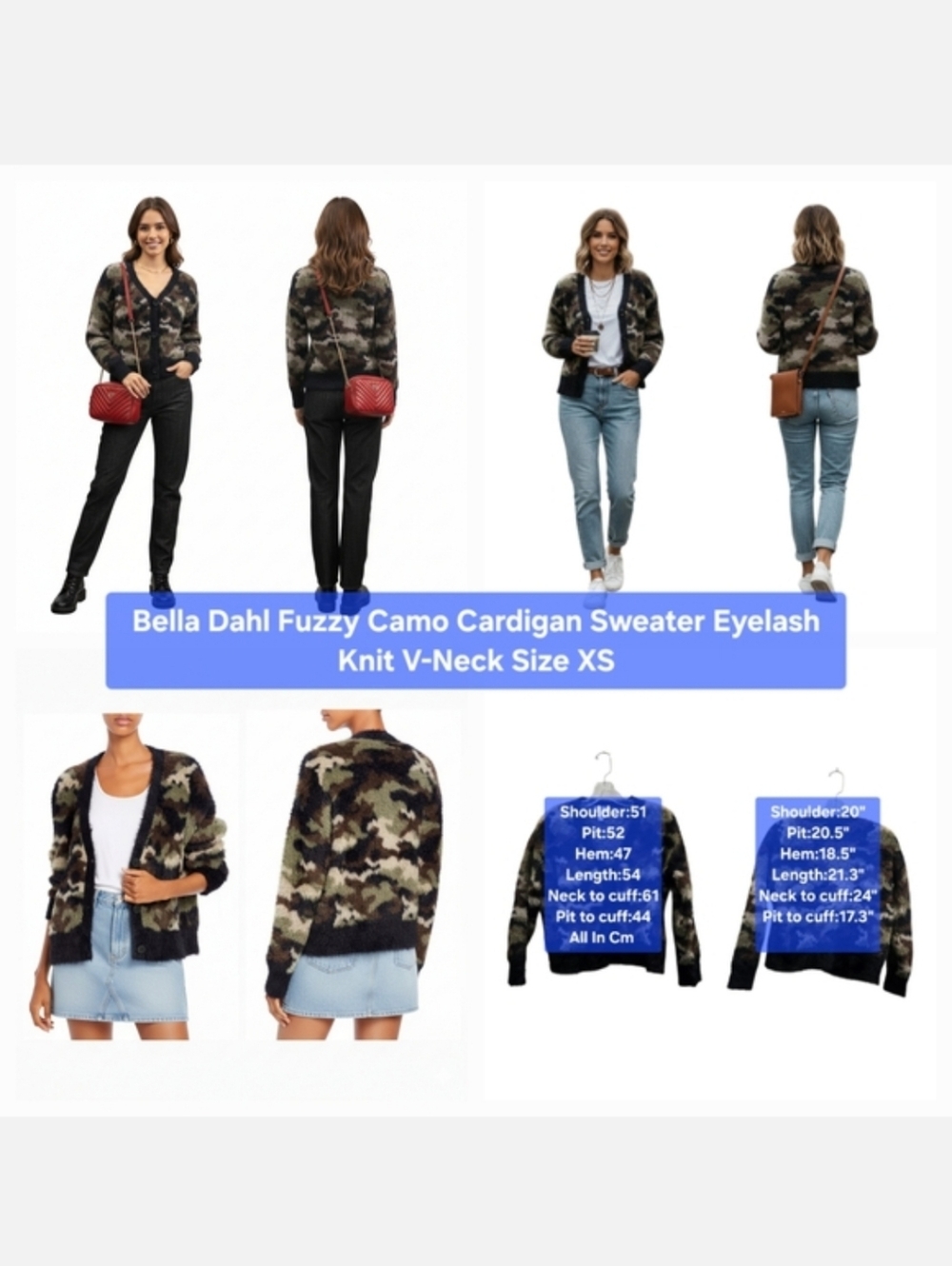 Bella Dahl Fuzzy Camo Cardigan Sweater  Eyelash Knit V-Neck Size XS